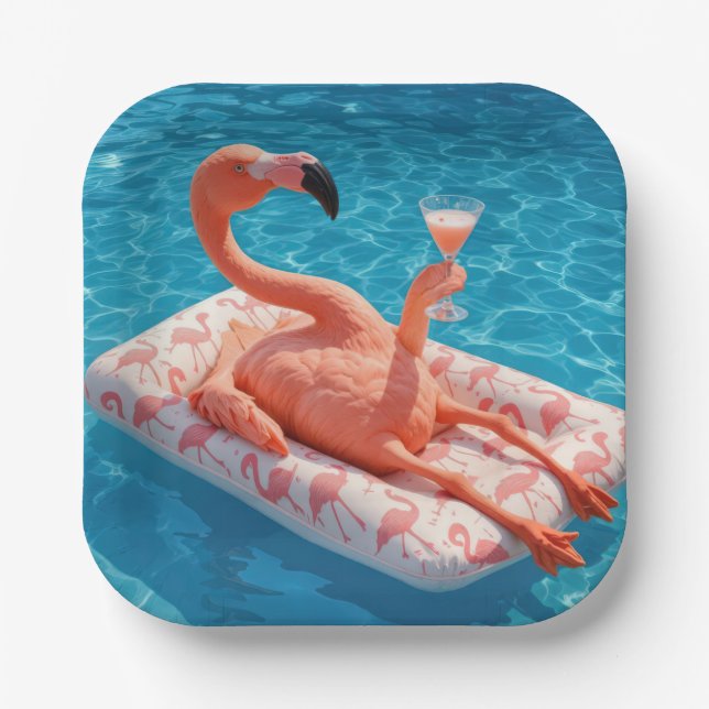 Flamingo Floating With a Cocktail In a Pool Pappteller (Vorderseite)