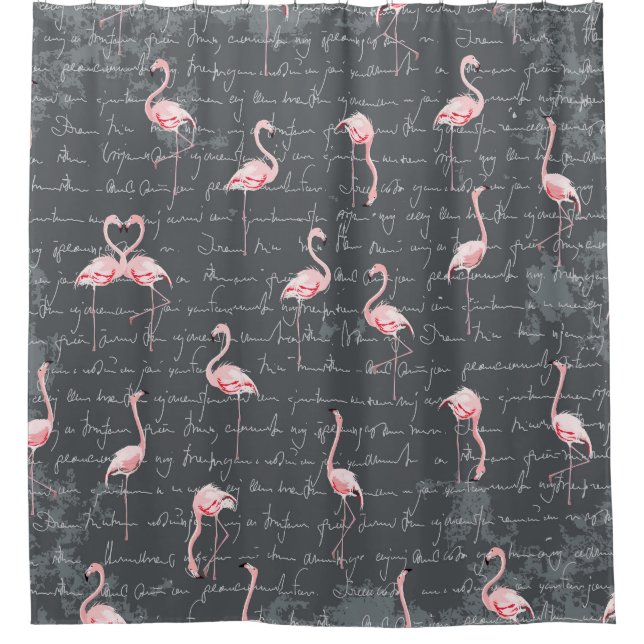 Flamingo Flock: Dunkelgrau Vintag. Duschvorhang (Vorderseite)