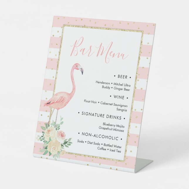 Flamingo Floral Bar Menu Pedestal Zeichen Sockelschild (Vorderseite)
