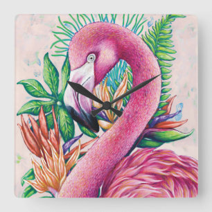 Flamingo Floral Hawaiian Funny Niedlich Wall Clock Quadratische Wanduhr