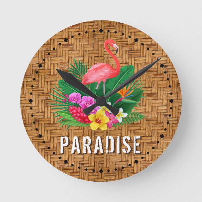 Flamingo Floral Paradise Runde Wanduhr (Vorderseite)