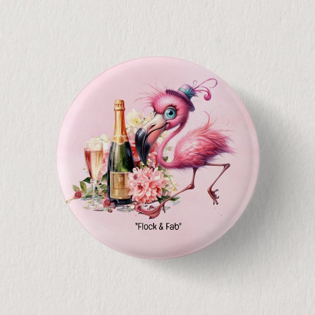 Flamingo Funny Face mit Champagner für Party Button (Vorderseite)