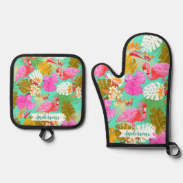 Flamingo Garden Aquamarin Ofenhandschuh & Topflappen-Set