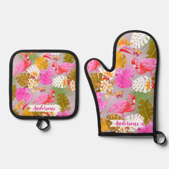 Flamingo Garden Pink Ofenhandschuh & Topflappen-Set (Vorderseite)
