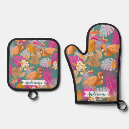 Flamingo Garden Turquoise Ofenhandschuh & Topflappen-Set