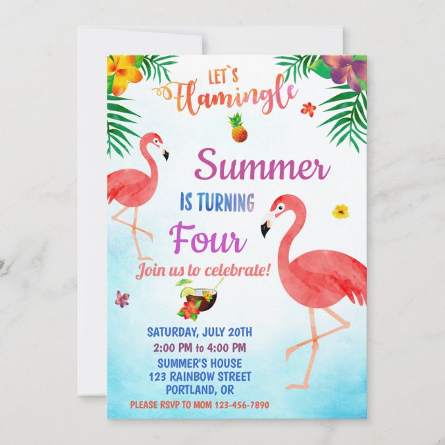 Flamingo Geburtstag Einladung Tropical luade einla (Vorderseite)