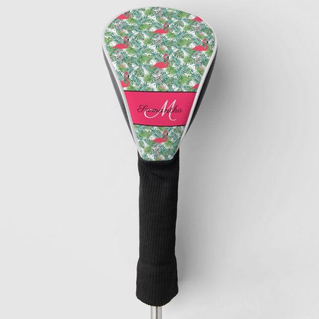 Flamingo Girly Pink Tropical Monogram Golf Headcover (Vorderseite)