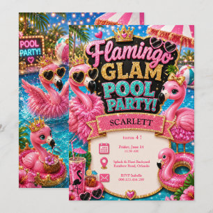 Flamingo Glam Poolparty Geburtstag - Rosa Glitter Einladung