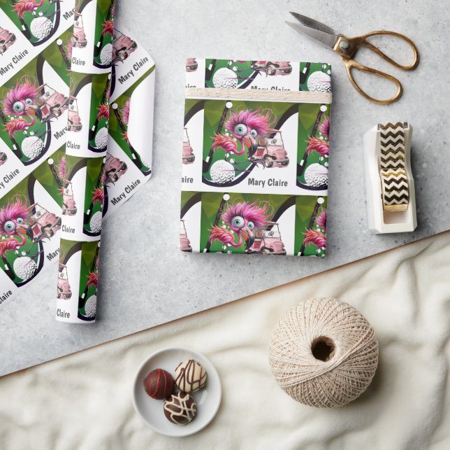 Flamingo Golfer mit Golfwagen auf rosa für Frau Geschenkpapier (Kunsthandwerk)