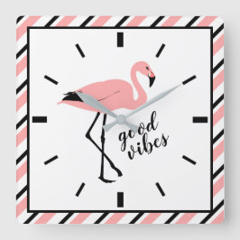 Flamingo Good Vibes Pink Black Square Wall Clock Quadratische Wanduhr