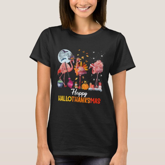 Flamingo Halloween Erntedank und Merry T-Shirt (Vorderseite)