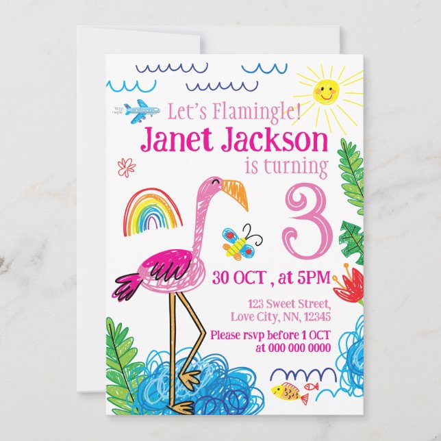 Flamingo Hand Drawn zum Geburtstag Einladung (Vorderseite)
