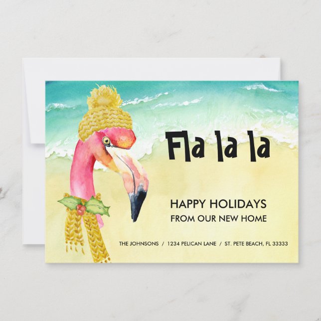 Flamingo Happy Feiertage von unserer neuen Zuhause Ankündigung (Vorderseite)