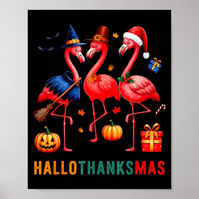 Flamingo Happy Hallothanksmas Funny Halloween Than Poster (Vorne)
