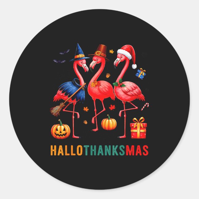 Flamingo Happy Hallothanksmas Funny Halloween Than Runder Aufkleber (Vorderseite)
