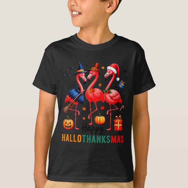 Flamingo Happy Hallothanksmas Funny Halloween Than T-Shirt (Vorderseite)