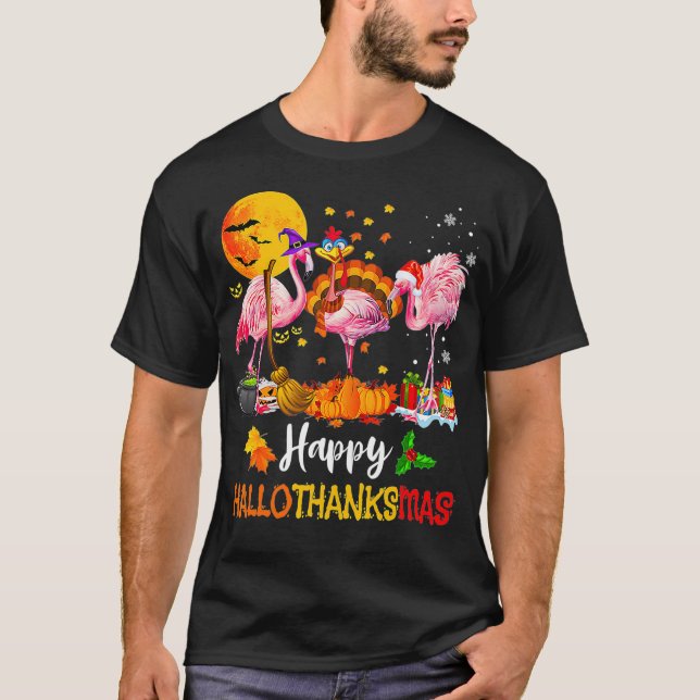 Flamingo Happy HalloThanksMas Halloween Thanksgivi T-Shirt (Vorderseite)