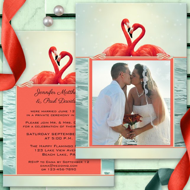 Flamingo-Hochzeitsankündigung oder After-Wedding-F Einladung (Wedding photo reception only or after wedding invitation featuring two flamingos on an ocean)
