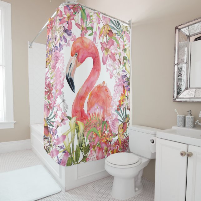 Flamingo im Blumen-Dschungel - Sommer-Muster Duschvorhang (Beispiel)