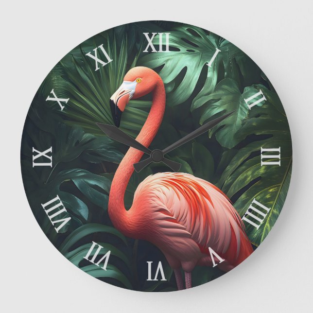 Flamingo im Dschungel Große Wanduhr (Vorderseite)