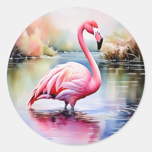 Flamingo im Wasser Runder Aufkleber (Vorderseite)