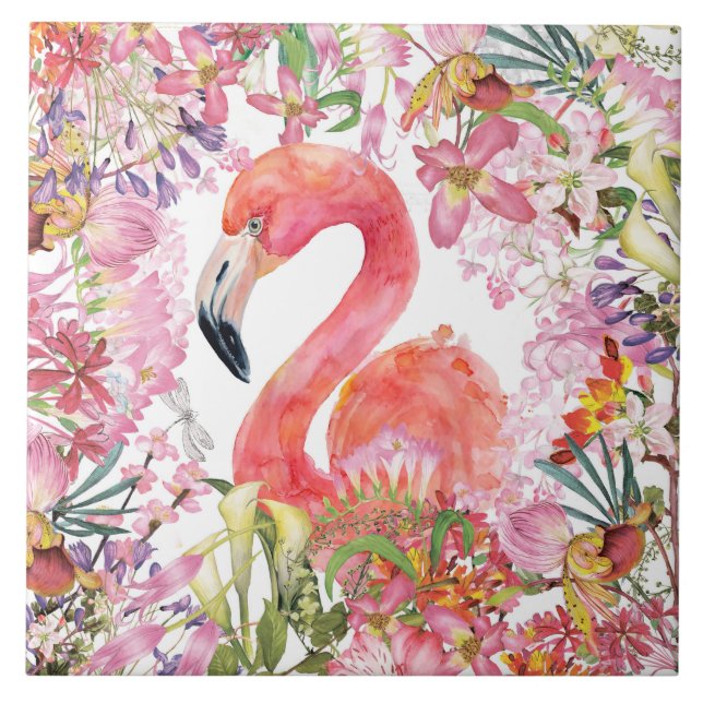 Flamingo in Blume Dschungel - Sommermuster Fliese (Vorderseite)