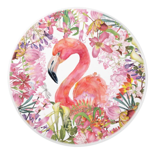 Flamingo in Blume Dschungel - Sommermuster Keramikknauf (Vorderseite)