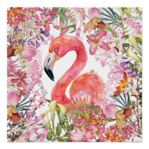 Flamingo in Blume Dschungel - Sommermuster Poster