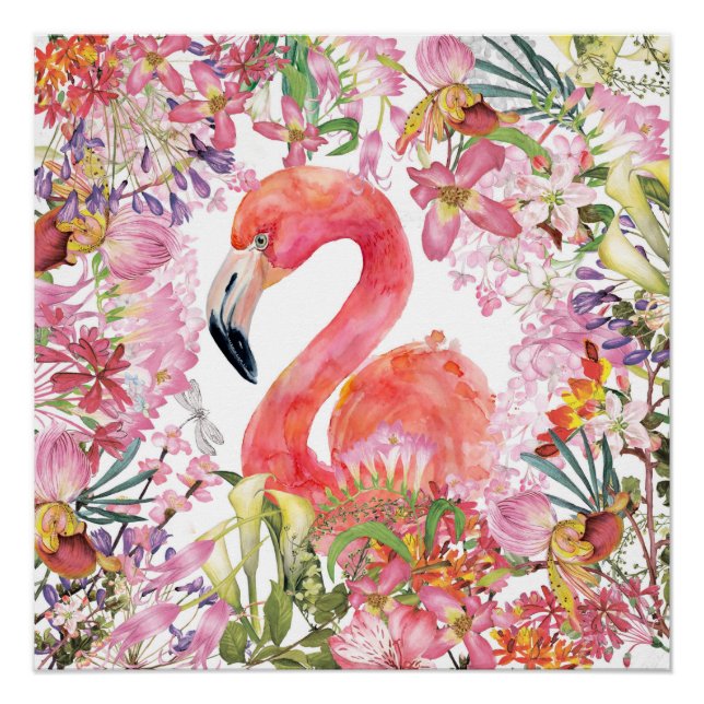 Flamingo in Blume Dschungel - Sommermuster Poster (Vorderseite)