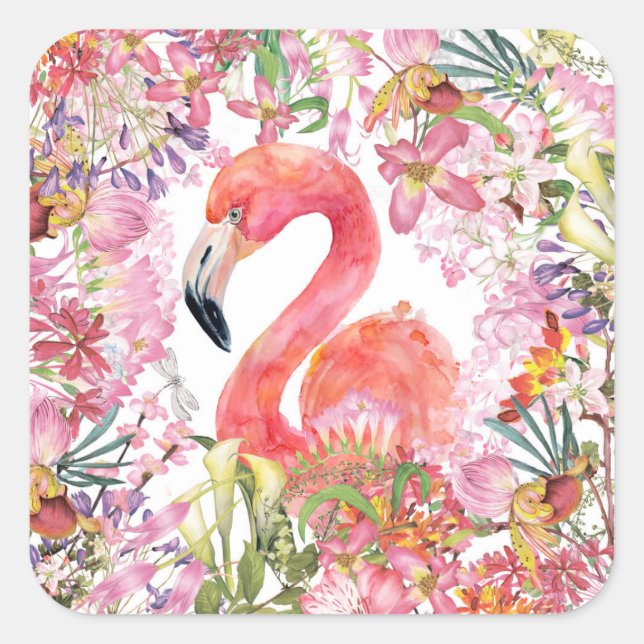 Flamingo in Blume Dschungel - Sommermuster Quadratischer Aufkleber (Vorderseite)
