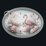 Flamingo in Pastel Pond Floral Scene Ovale Gürtelschnalle<br><div class="desc">Immerse yourself in a tranquil dreamscape with this elegant flamingo art, where soft pink feathers meet lush botanical beauty. Surrounded by blooming peonies, lotus pads, and pampas grasses, a graceful flamingo stands poised at the water’s edge under a pastel sky. This pink floral illustration merges tropical bird decor with the...</div>