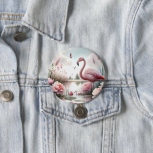 Flamingo in Pastell-Teich Blumen Szene Button