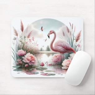 Flamingo in Pastell-Teich Blumen Szene Mousepad
