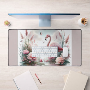 Flamingo in Pastell-Teich Blumen Szene Schreibtischunterlage