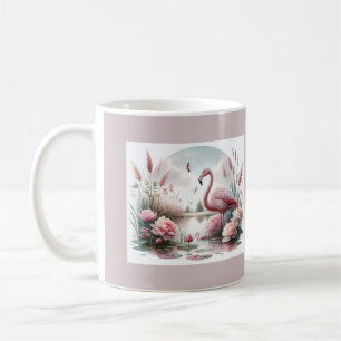 Flamingo in Pastellteich Blumen Szene Kaffeetasse