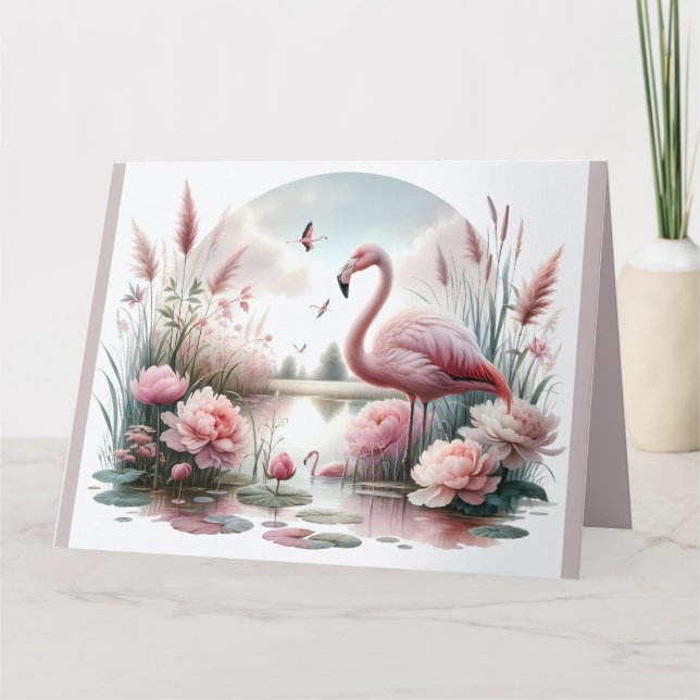 Flamingo in Pastelteich-Blumenzene Dankeskarte (Vorderseite)
