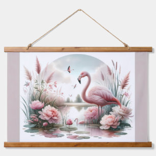Flamingo in Pastelteich-Blumenzene Wandteppich Mit Holzrahmen