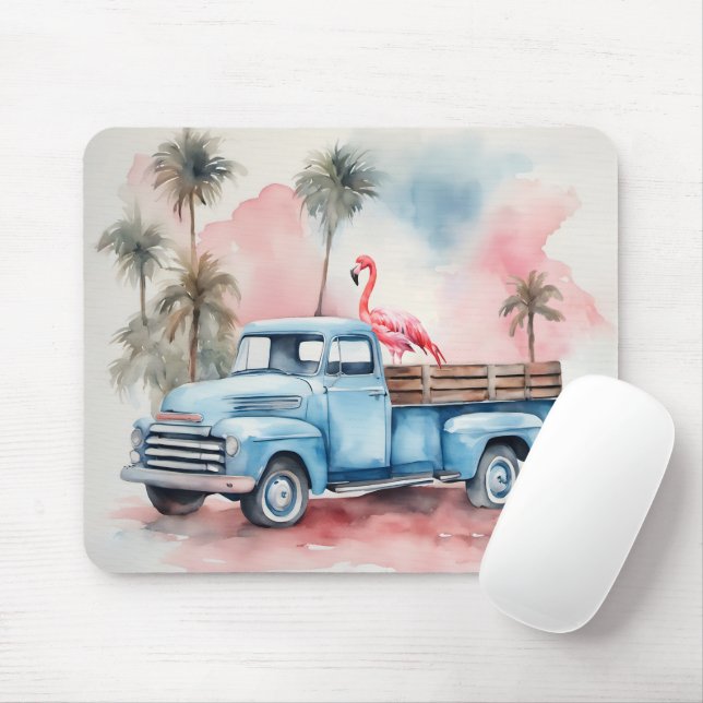 Flamingo in Retro Blue Truck Mousepad (Mit Mouse)