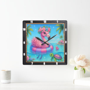 Flamingo Inner Tube Beach Quadratische Wanduhr