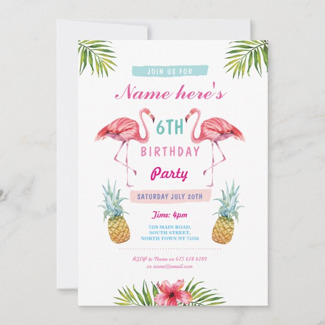Flamingo Invite Ananas Tropical Aloha Birthday Einladung (Vorderseite)