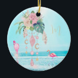 Flamingo Jewel Beach Floral Pretty Keramik Ornament<br><div class="desc">A floral bouquet on top of pretty jewels with sparkling stars on an iconic seaside background. There are two iconic pink flamingos , one wearing a jewel necklace. All is balanced on an ocean scene background to illuminate the pretty design. A perfect flamingo lovers gift. Easily change the information for...</div>