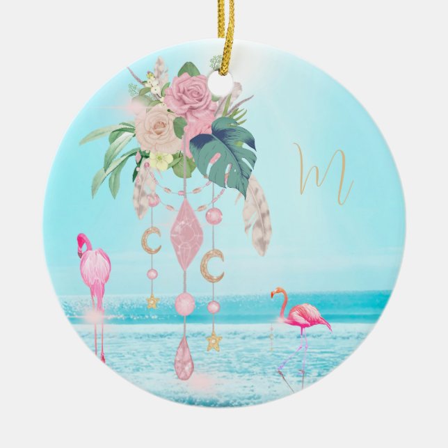 Flamingo Jewel Beach Floral Pretty Keramik Ornament (Vorne)