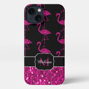 Flamingo-Kunststoff-Glanzmuster schwarzes Monogram iPhone 13 Hülle