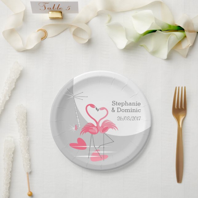 Flamingo Liebe Große Mond Namen Datum Pappteller (Hochzeit)