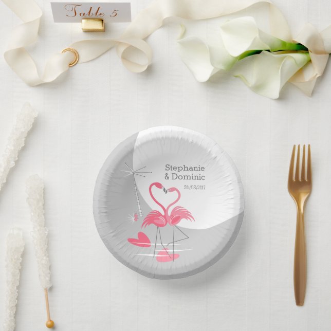 Flamingo Liebe Große Mondnamen Datum Pappteller (Hochzeit)