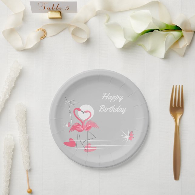 Flamingo Liebe Happy Birthday Papier Teller (Hochzeit)