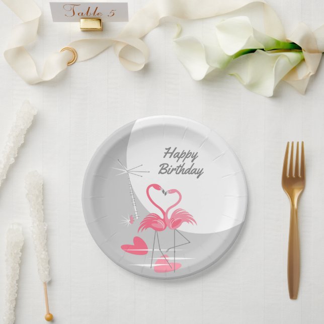 Flamingo Liebe Large Moon Birthday Papier Teller (Hochzeit)