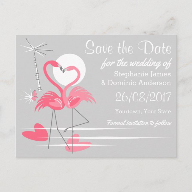 Flamingo Liebe Save the Date Postkartenlandschaft Ankündigungspostkarte (Vorderseite)