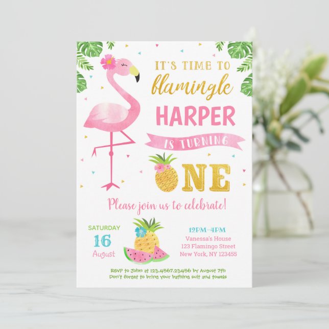 Flamingo Luau Erster Geburtstag Party Einladungen (Stehend Vorderseite)