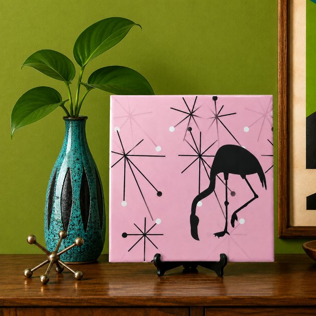 Flamingo MidCentury Modern Atomic Sternexplosion Fliese (midcentury mod atomic starbursts flamingo silhouette Palm Spring deco beach house decor retro tile)